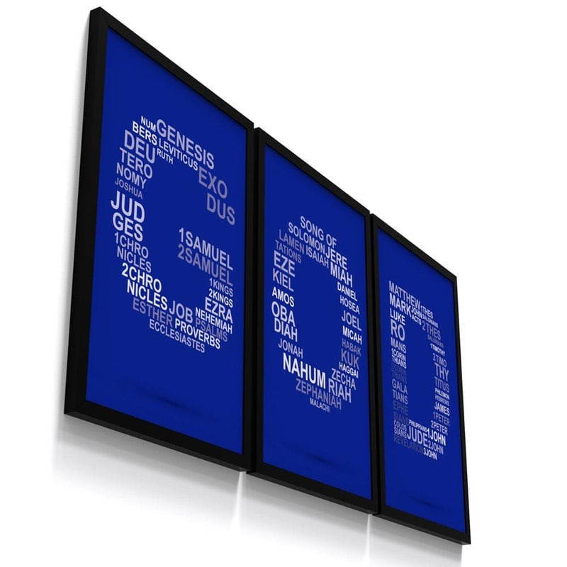 Kit 3 Quadro Decorativo God Biblia Deus Religioso Azul
