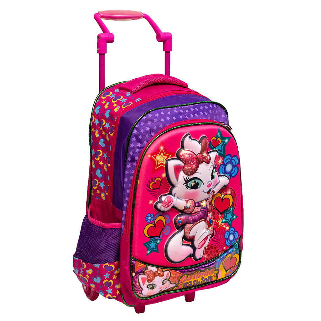Mochila De Rodinhas Gatinha Fashion Vozz Grande 3D Rosa