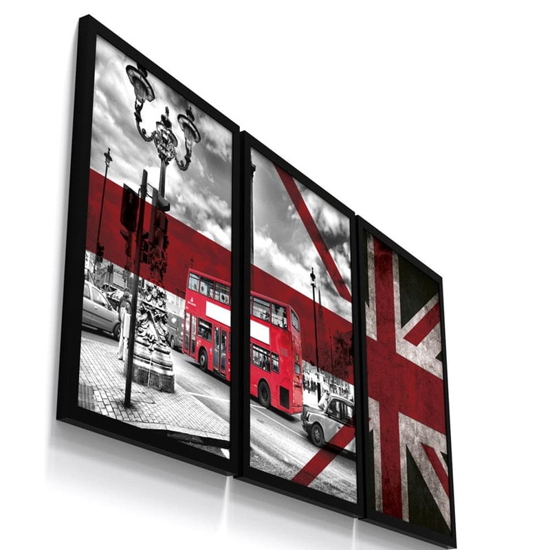 Kit 3 Quadro Decorativo Bandeira Inglaterra Cidade Londres
