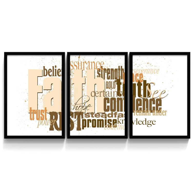 Kit 3 Quadro Decorativo Palavras Fé Motivacional Religioso