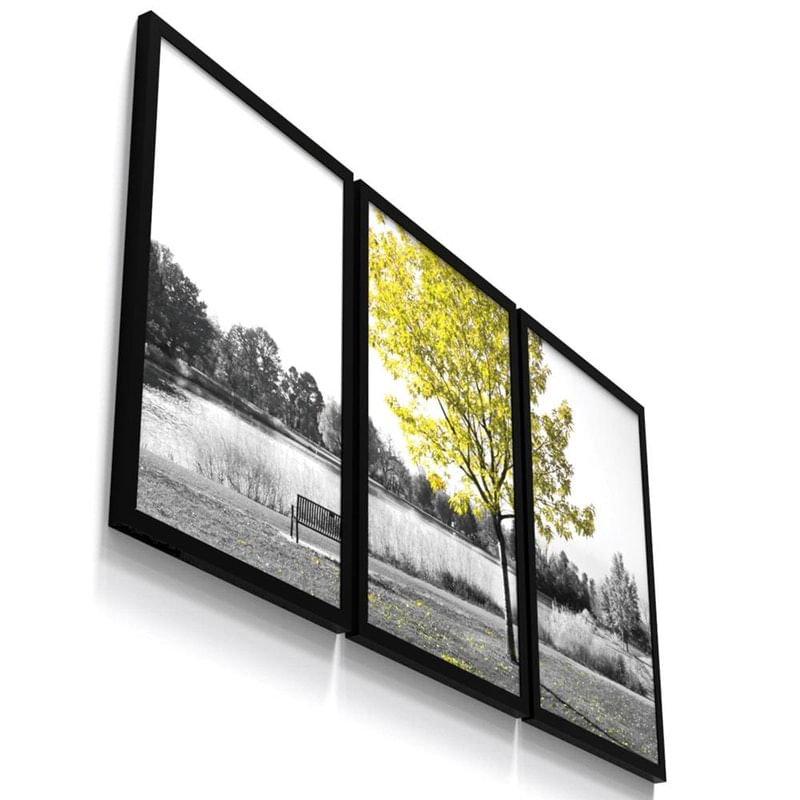 Kit 3 Quadro Decorativo Arvore Vida Paisagem Folha Amarelo