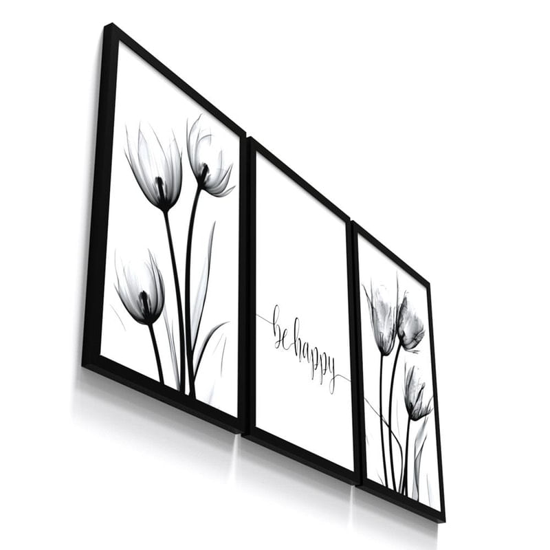 Kit 3 Quadro Decorativo Flor Floral Florido Frase Be Happy