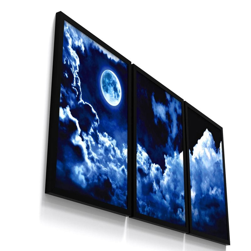 Kit 3 Quadro Decorativo Paisagem Lua Cheia Ceu Nuvem Cor