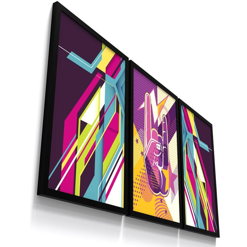 Kit 3 Quadro Decorativo Simbolo Rock Musica Colorido Pop Art