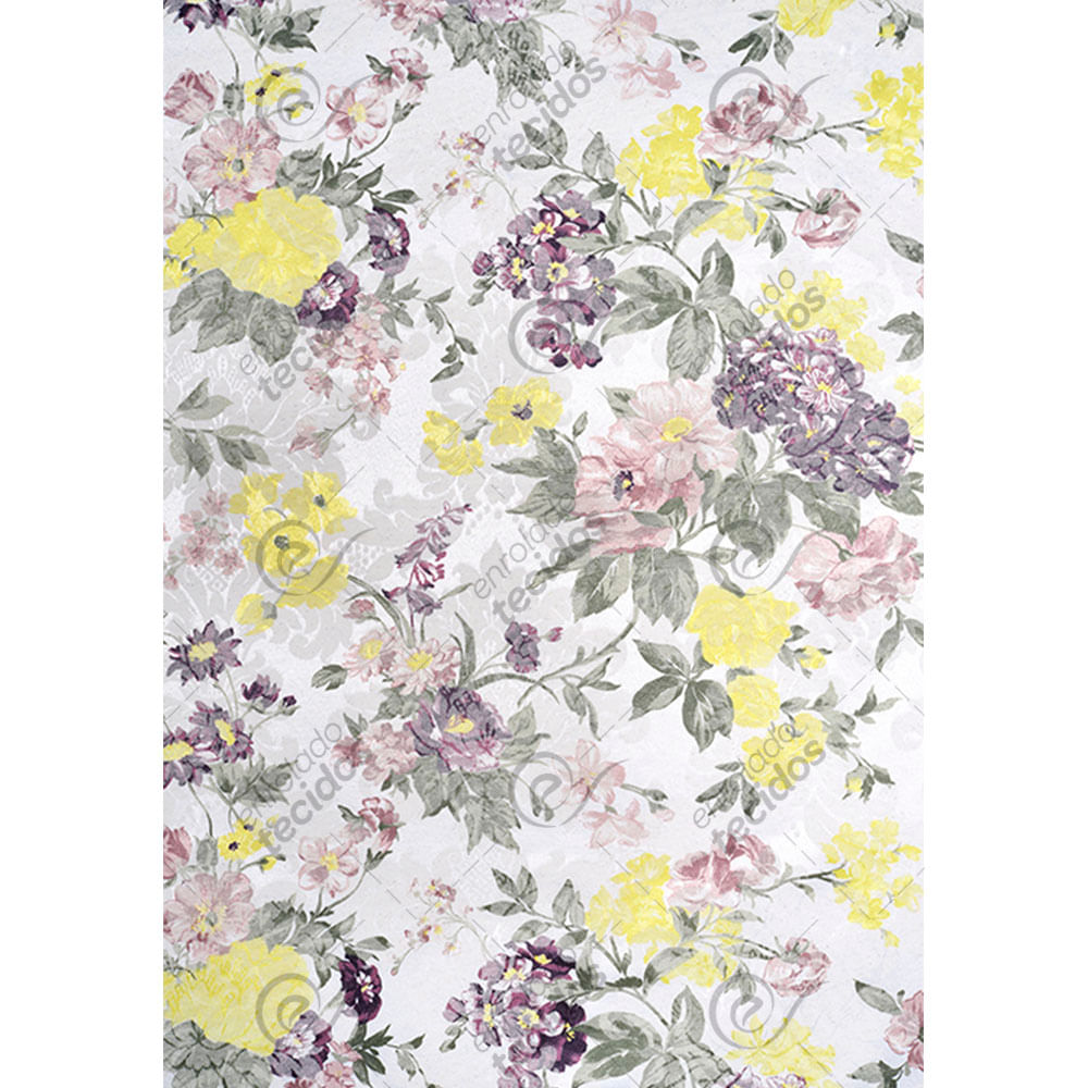 Tecido Jacquard Estampado Floral Lilás E Amarelo - 2,80M De Largura