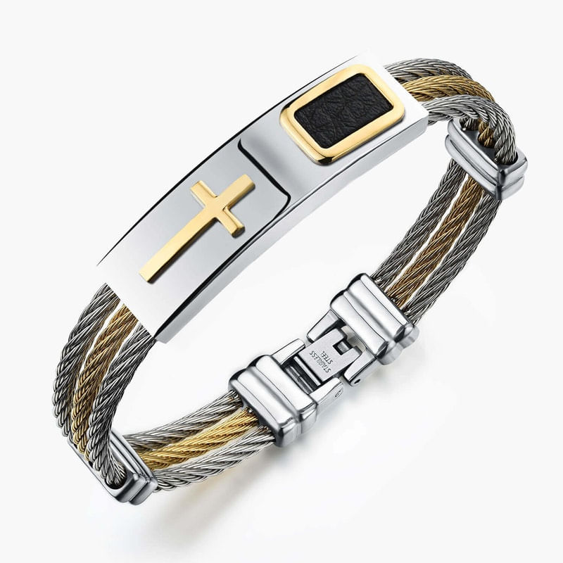 Pulseira Banhada A Ouro Masculina Com Detalhe Cruz E Couro