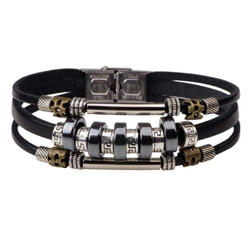 Pulseira Couro Legítimo Preto Com Adornos Em Aço Ajustável