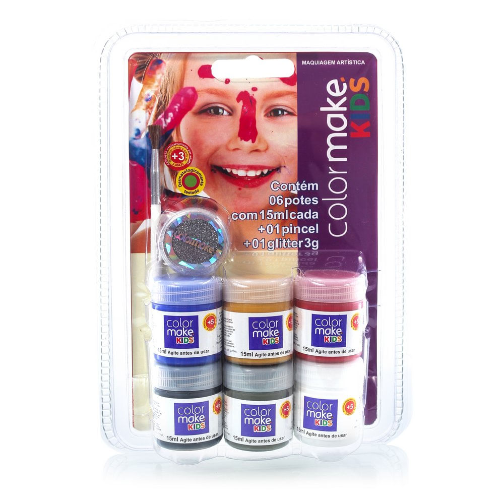 Kit Tinta Liquida Infantil 15Ml Com 6 Cores Com Pincel E Glitter - Color Make