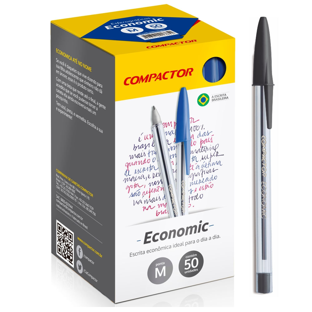 Caneta Esferográfia Economic Ponta Média Preta Cx/50 Unidades - Compactor