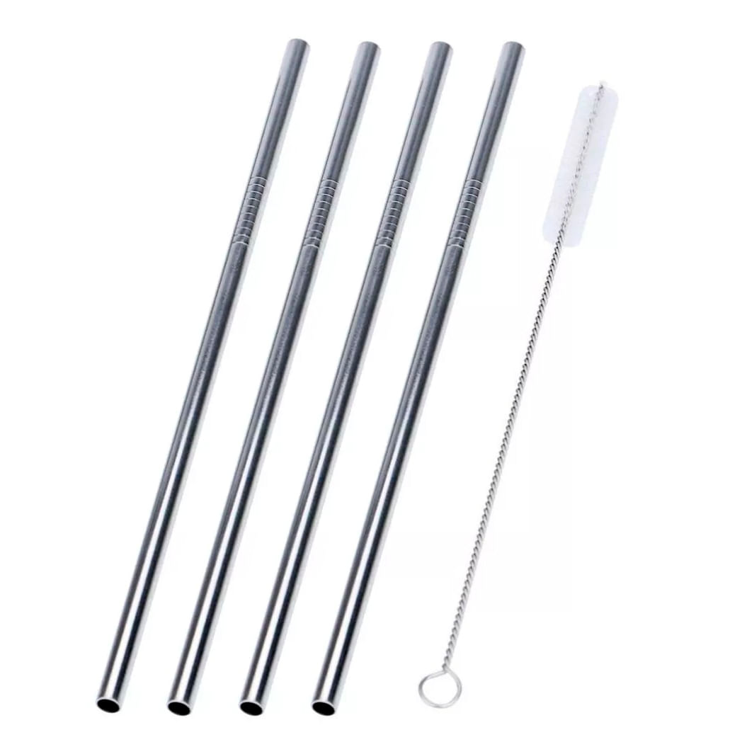 Kit 4 Canudos + Escova De Limpeza Inox Reutilizável Reto