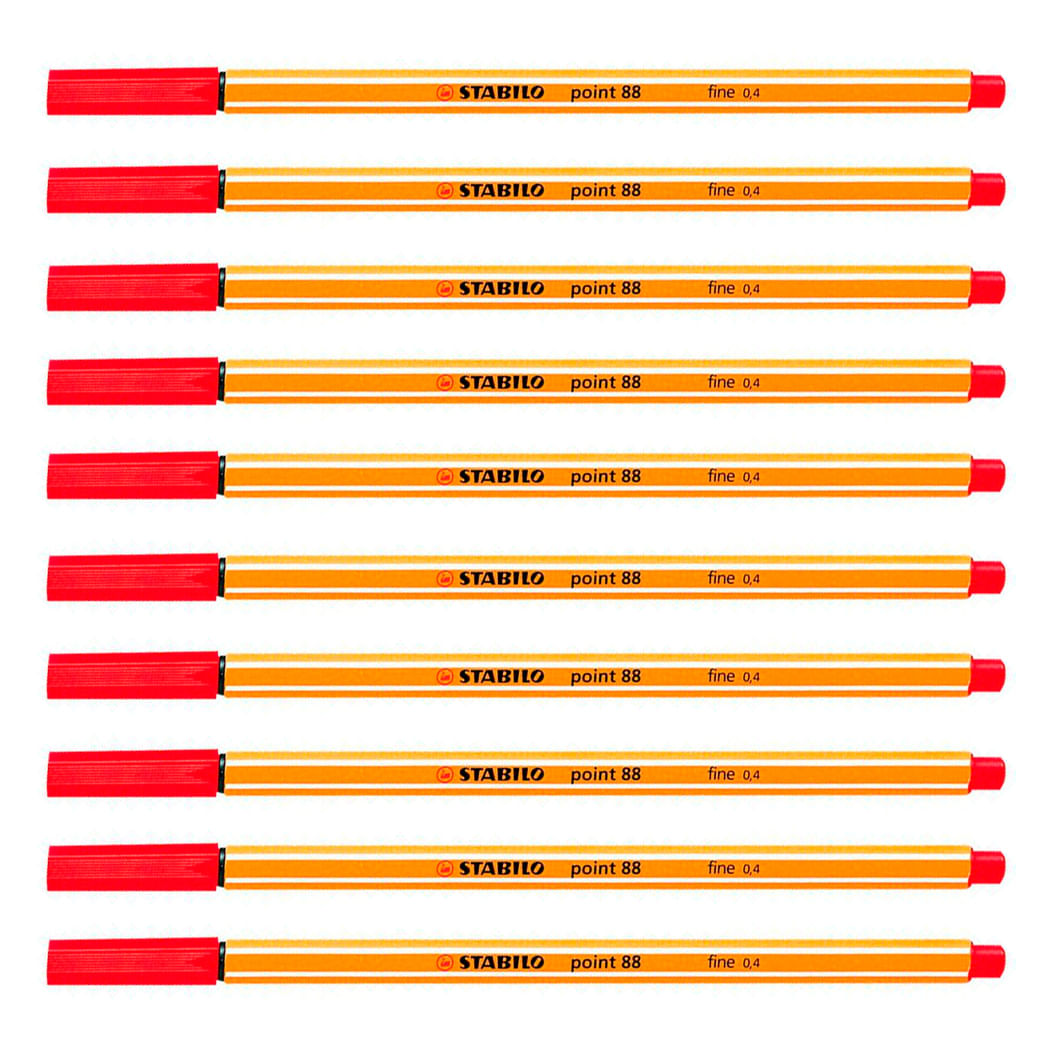 Caixa 10 Canetinhas Stabilo Vermelho 40 Fineliner 88 0.4Mm
