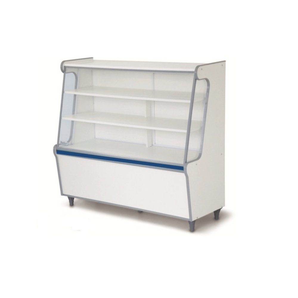 Balcão Vitrine Seco 1,20M Branco Faixa Azul Artlux