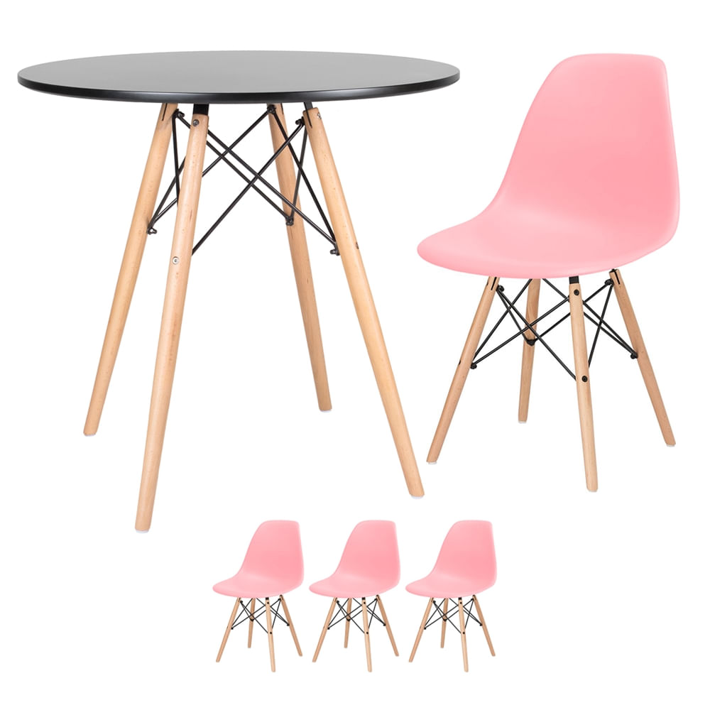 Kit - Mesa Eames 80 Cm Preto + 3 Cadeiras Eames Dsw - Rosa