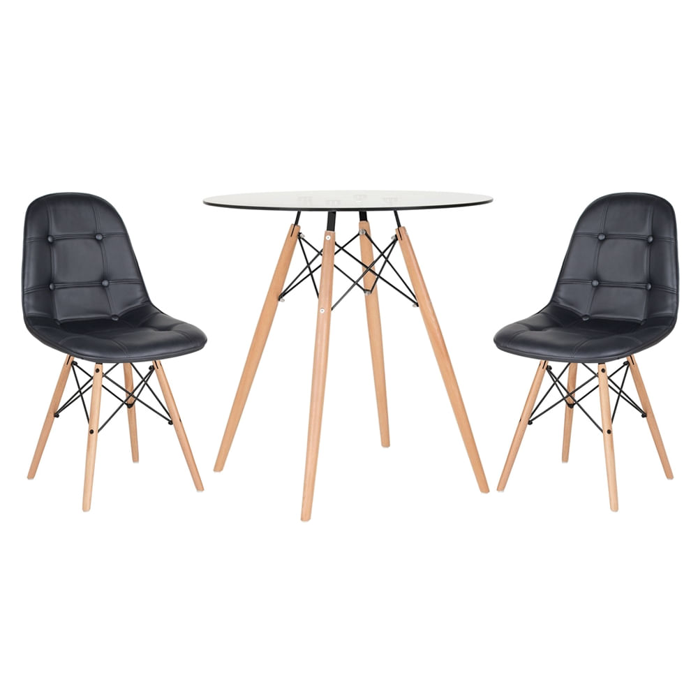 Kit - Mesa Eames 70 Cm Com Tampo De Vidro + 2 Cadeiras Eames Botonê - Preto