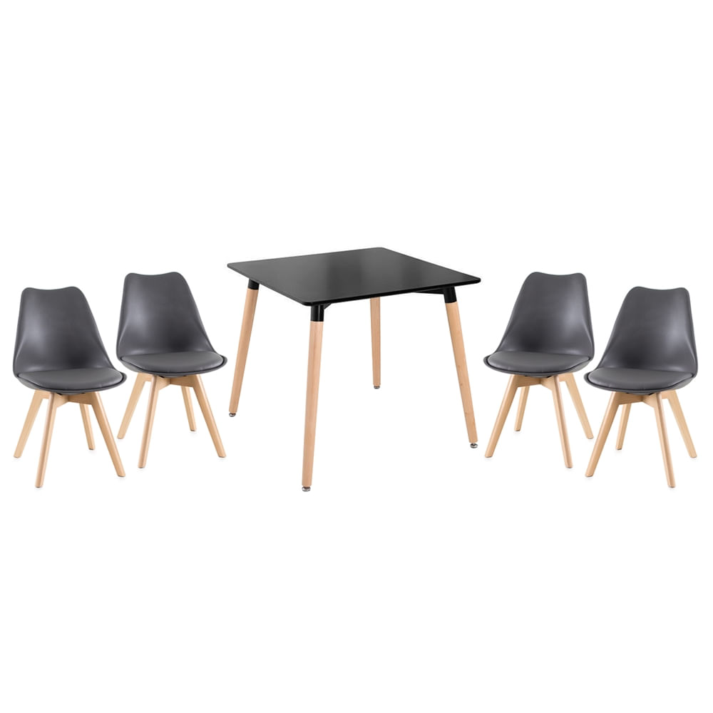 Kit - Mesa De Jantar Quadrada Eames Preto + 4 Cadeiras Estofadas Leda - Cinza Escuro