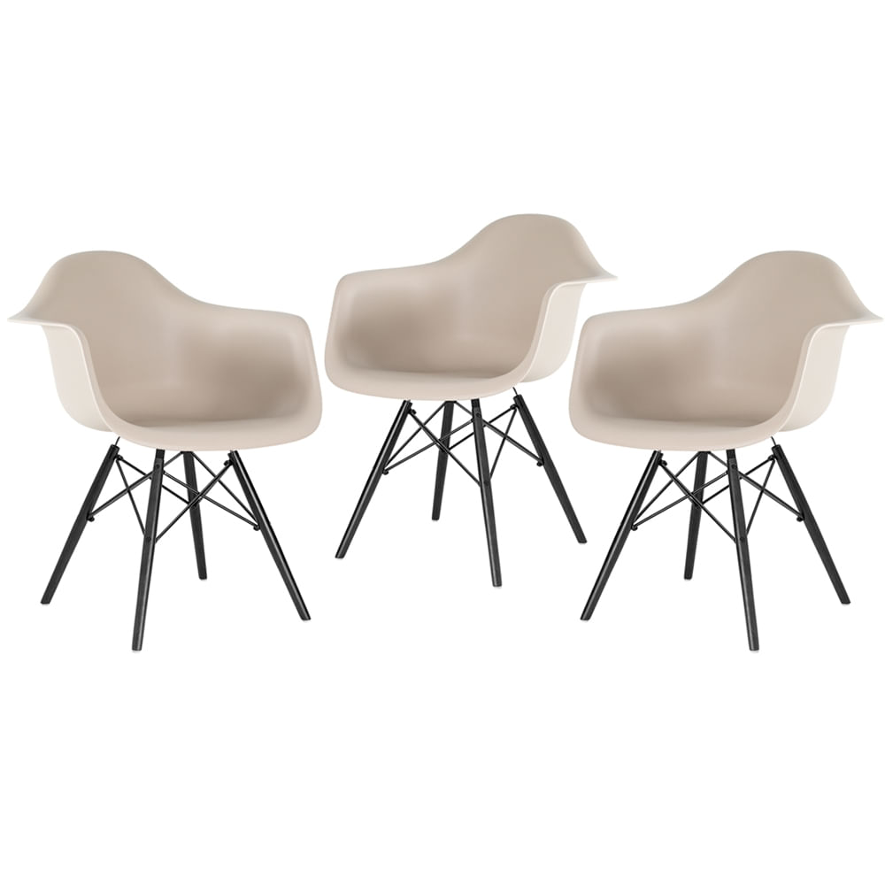 Kit - 3 X Cadeiras Eames Eiffel Daw - Madeira Preta - Bege