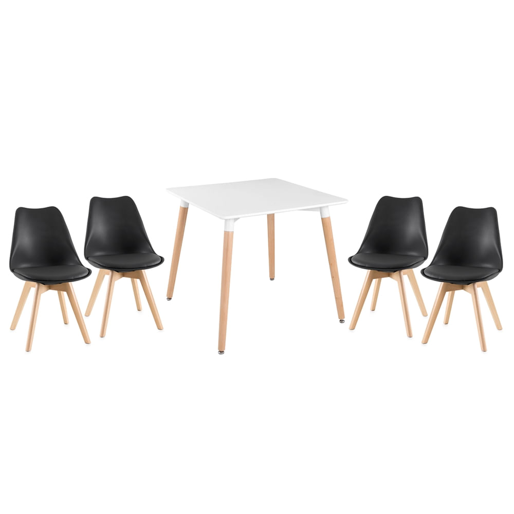 Kit - Mesa De Jantar Quadrada Eames Branco + 4 Cadeiras Estofadas Leda - Preto