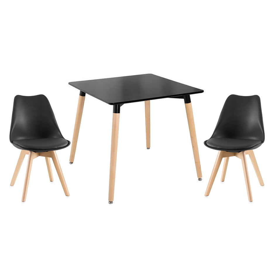 Kit - Mesa De Jantar Quadrada Eames Preto + 2 Cadeiras Estofadas Leda - Preto