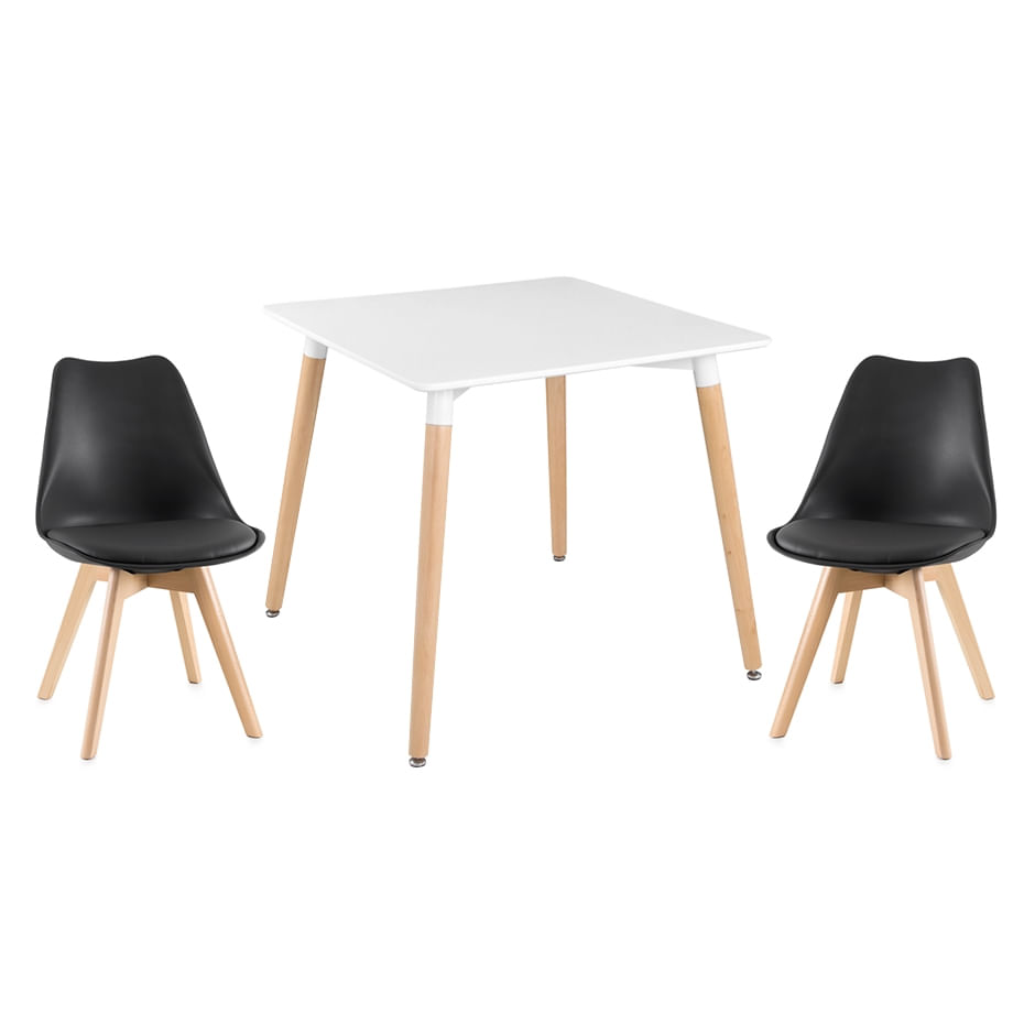 Kit - Mesa De Jantar Quadrada Eames Branco + 2 Cadeiras Estofadas Leda - Preto