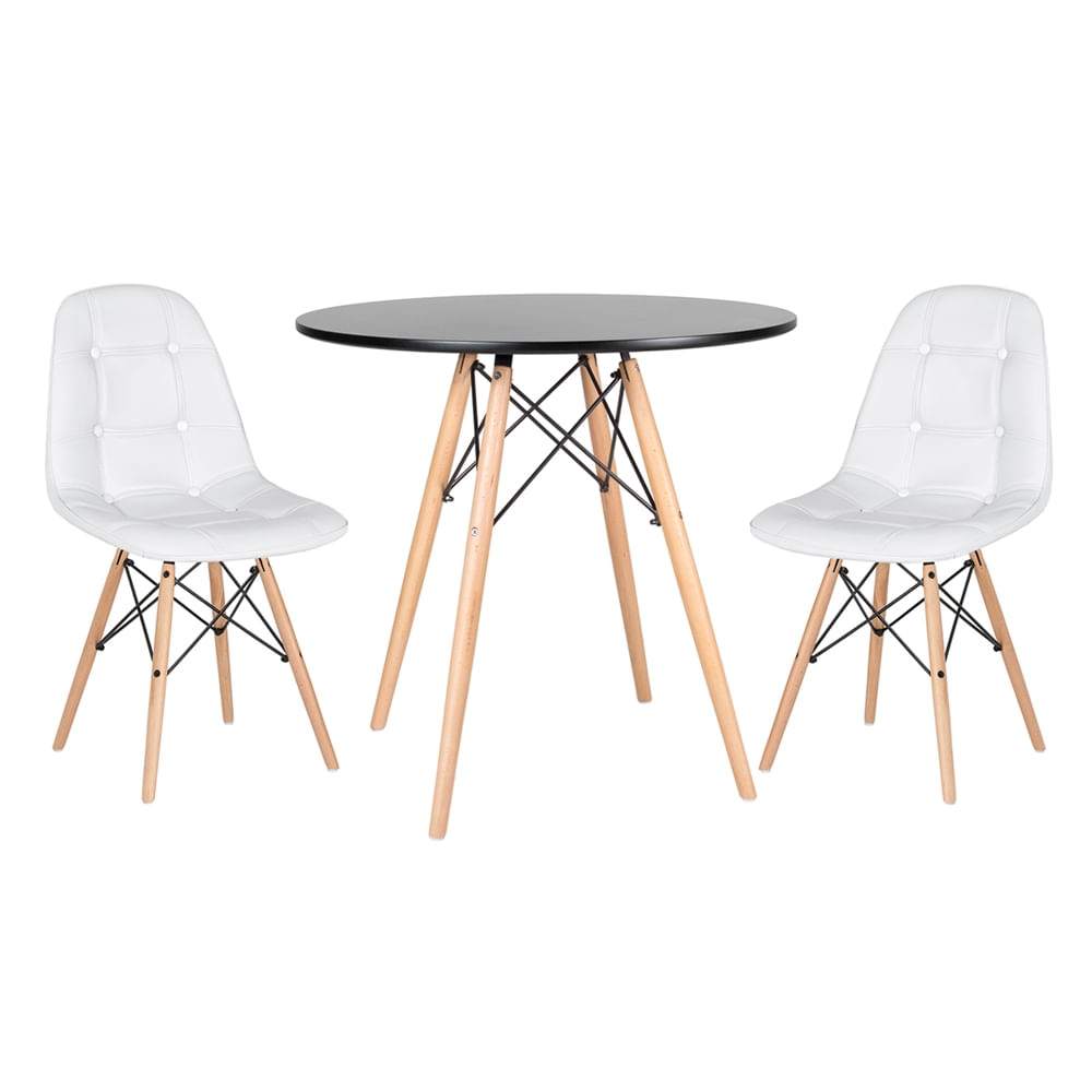 Kit - Mesa Eames 80 Cm Preto + 2 Cadeiras Eames Botonê - Branco