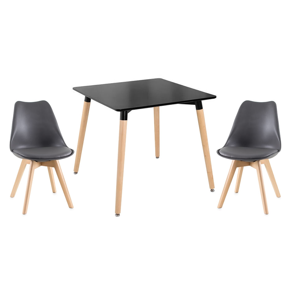 Kit - Mesa De Jantar Quadrada Eames Preto + 2 Cadeiras Estofadas Leda - Cinza Escuro