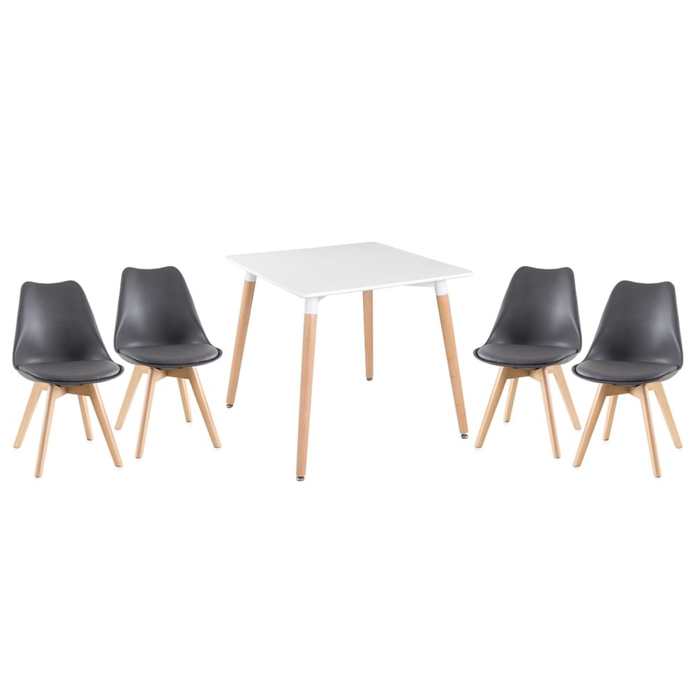 Kit - Mesa De Jantar Quadrada Eames Branco + 4 Cadeiras Estofadas Leda - Cinza Escuro