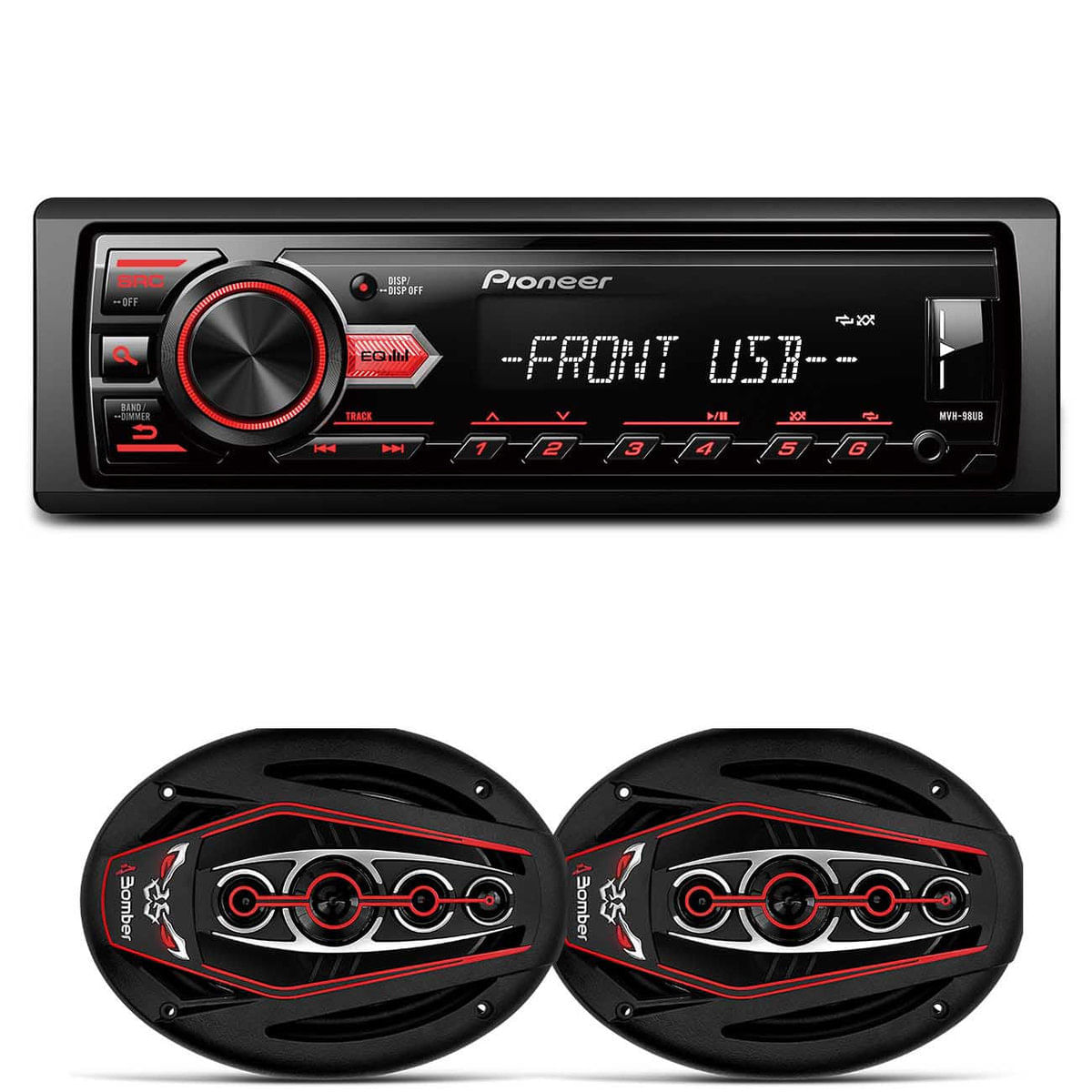 Mp3 Player Pioneer Mvh-98Ub 1 Din + Par Alto Falantes Bomber Bicho Papão 6X9' 300W Rms