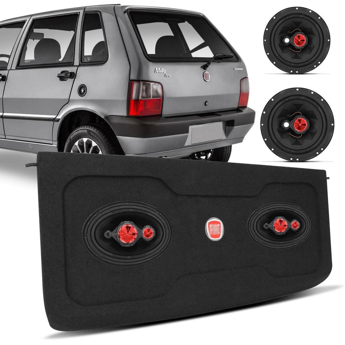 Kit Fácil Bomber Alto Falante 6 + 6X9 240W Rms + Tampão Porta-Malas Fiat Uno 85 A 13 Grafite Bordado