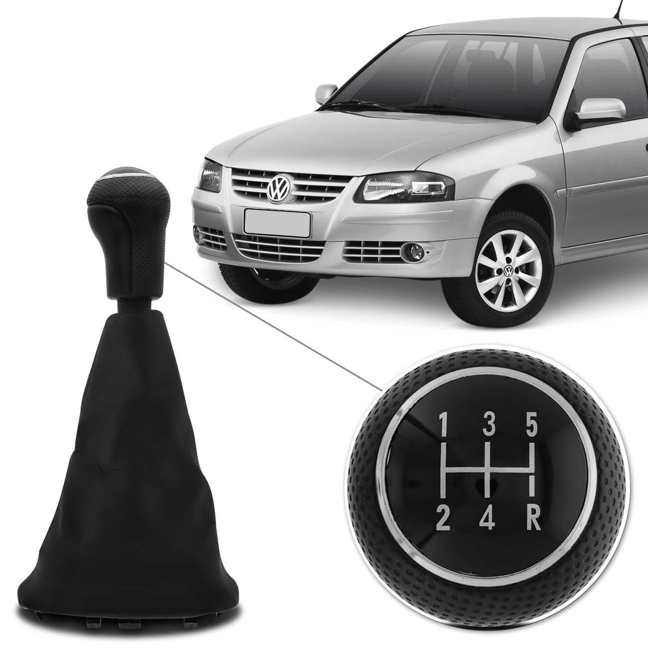 Kit Coifa De Cambio Manopla Gol G4 2006 A 2014 Preto Com Bola Preta Anel Cromado Em Courvin