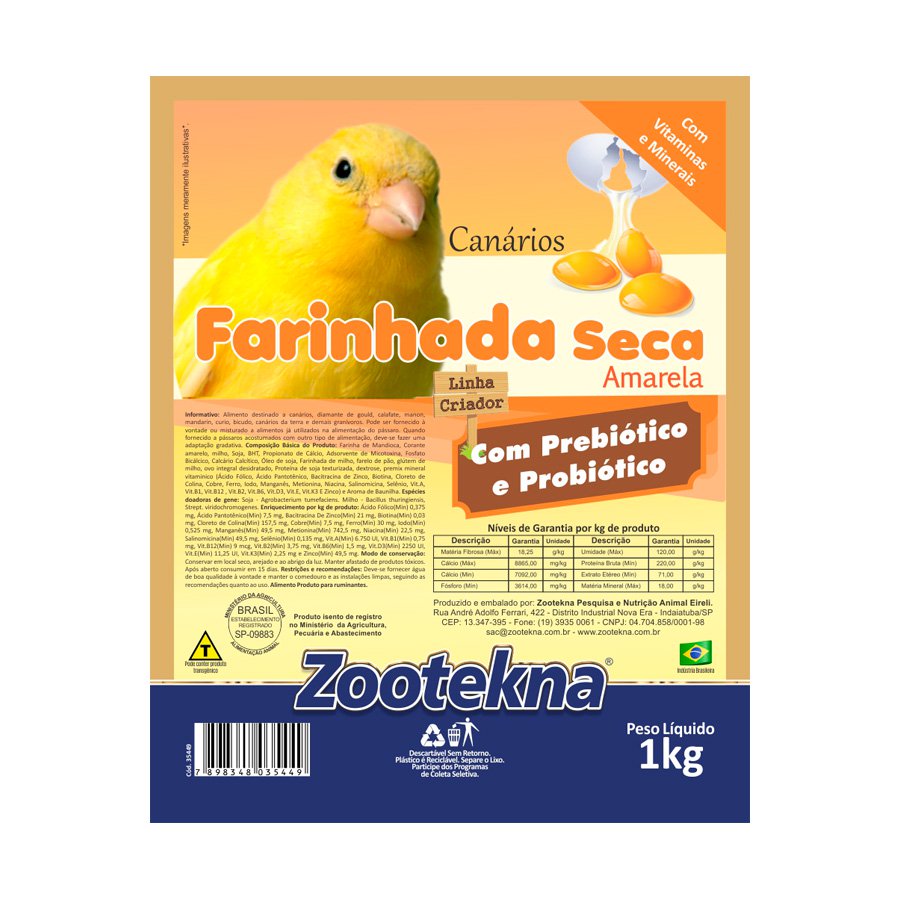 Farinhada Amarela Seca Zootekna Para Canários 1Kg