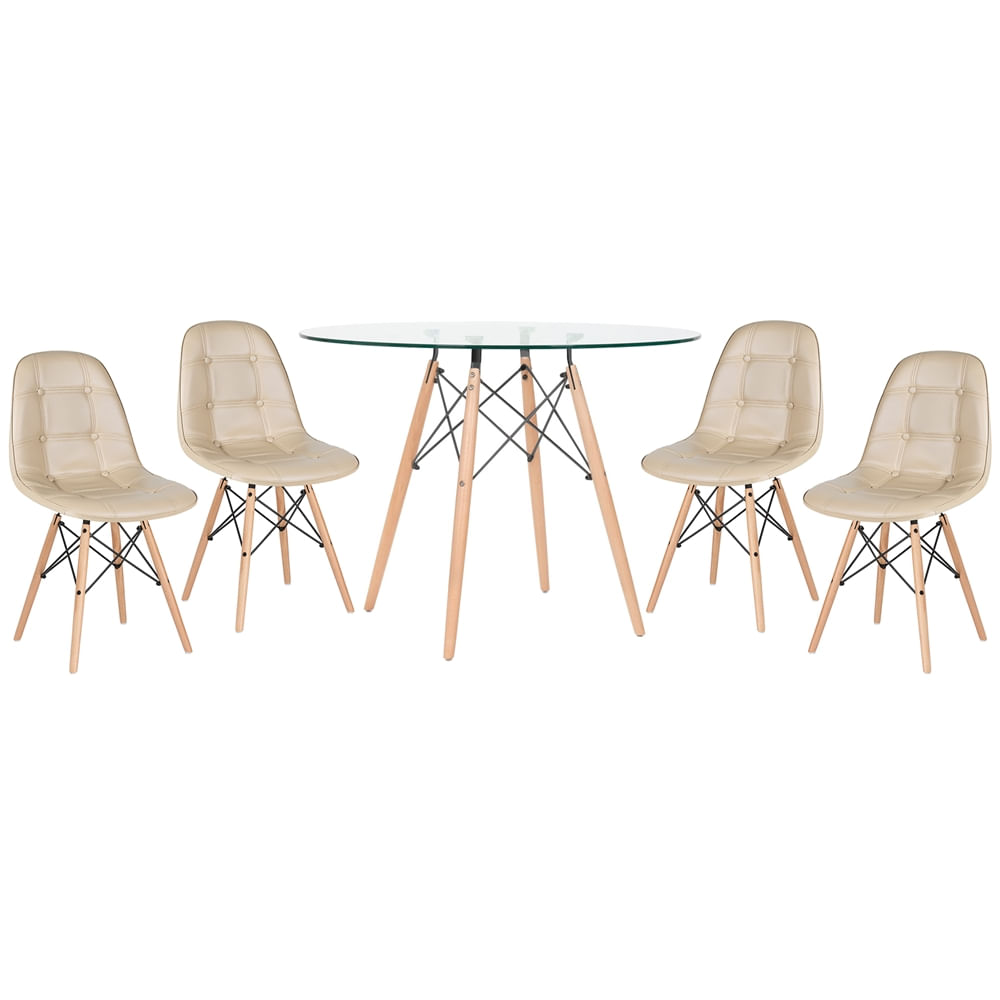 Kit - Mesa De Vidro Eames 100 Cm + 4 Cadeiras Estofadas Eames Eiffel Botonê - Bege