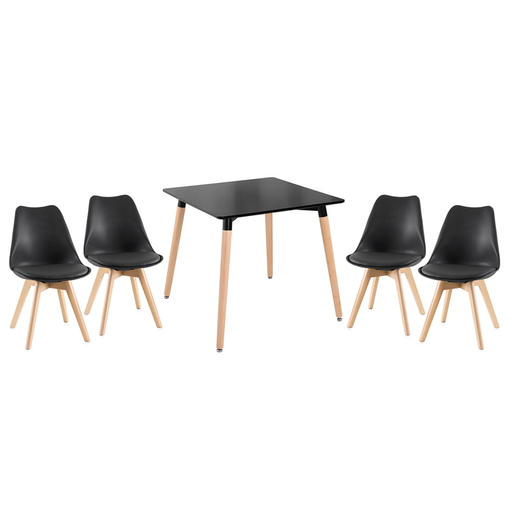 Kit - Mesa De Jantar Quadrada Eames Preto + 4 Cadeiras Estofadas Leda - Preto