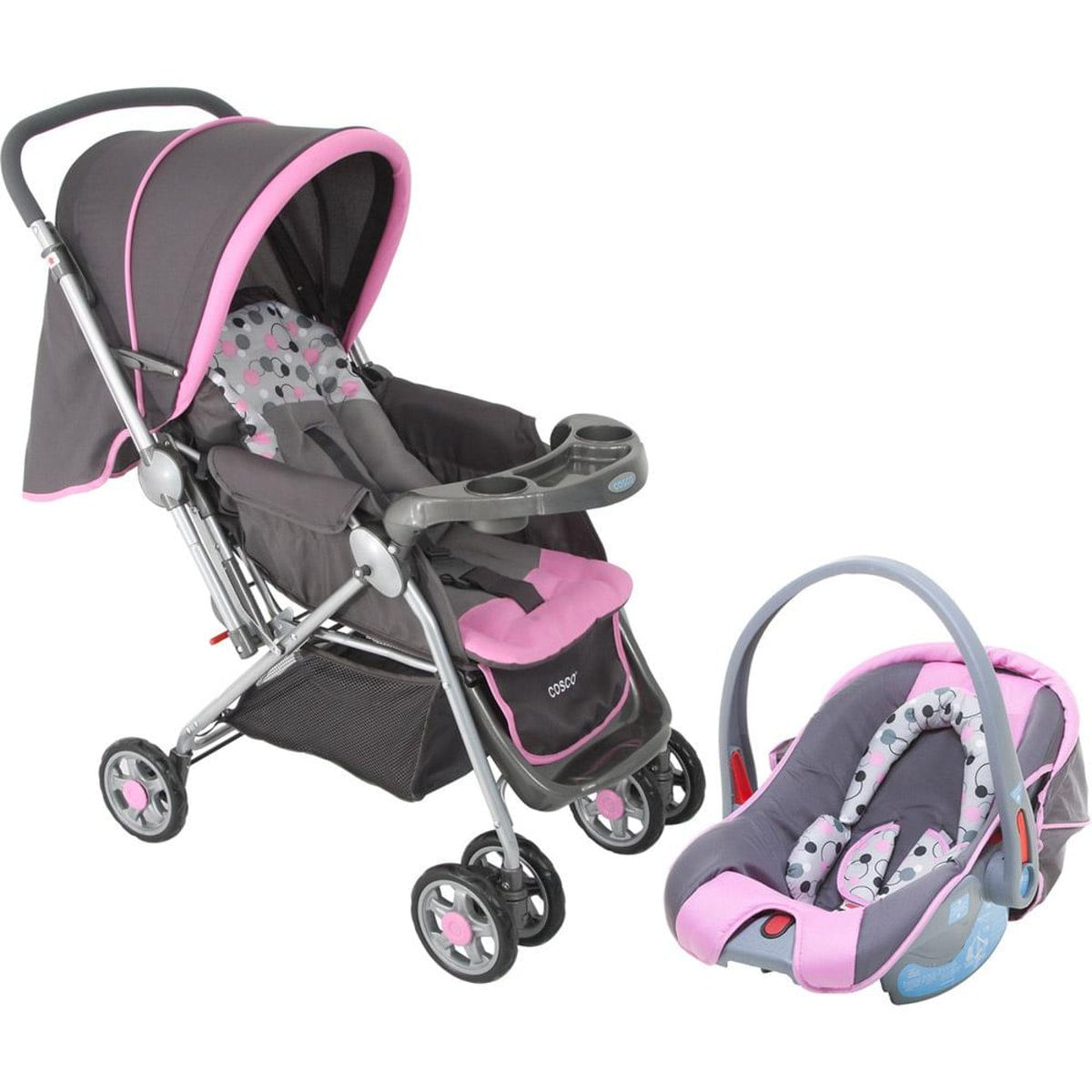 Carrinho De Bebê Travel System Reverse Cosco 4 Rodas 2 Posições Suporta Até 15Kg Rosa E Cinza