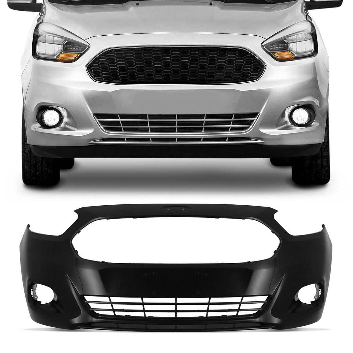Para-Choque Dianteiro Ford Ka 2014 2015 2016 2017 2018 Preto Liso Com Furo Milha Espaço Emblema