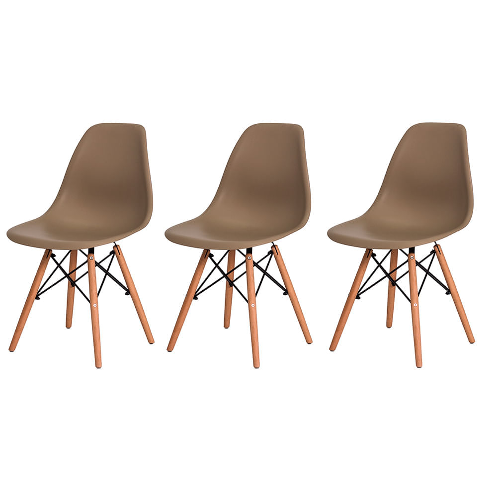Kit 3 Cadeiras Eiffel Eames Dsw Nude Base Madeira