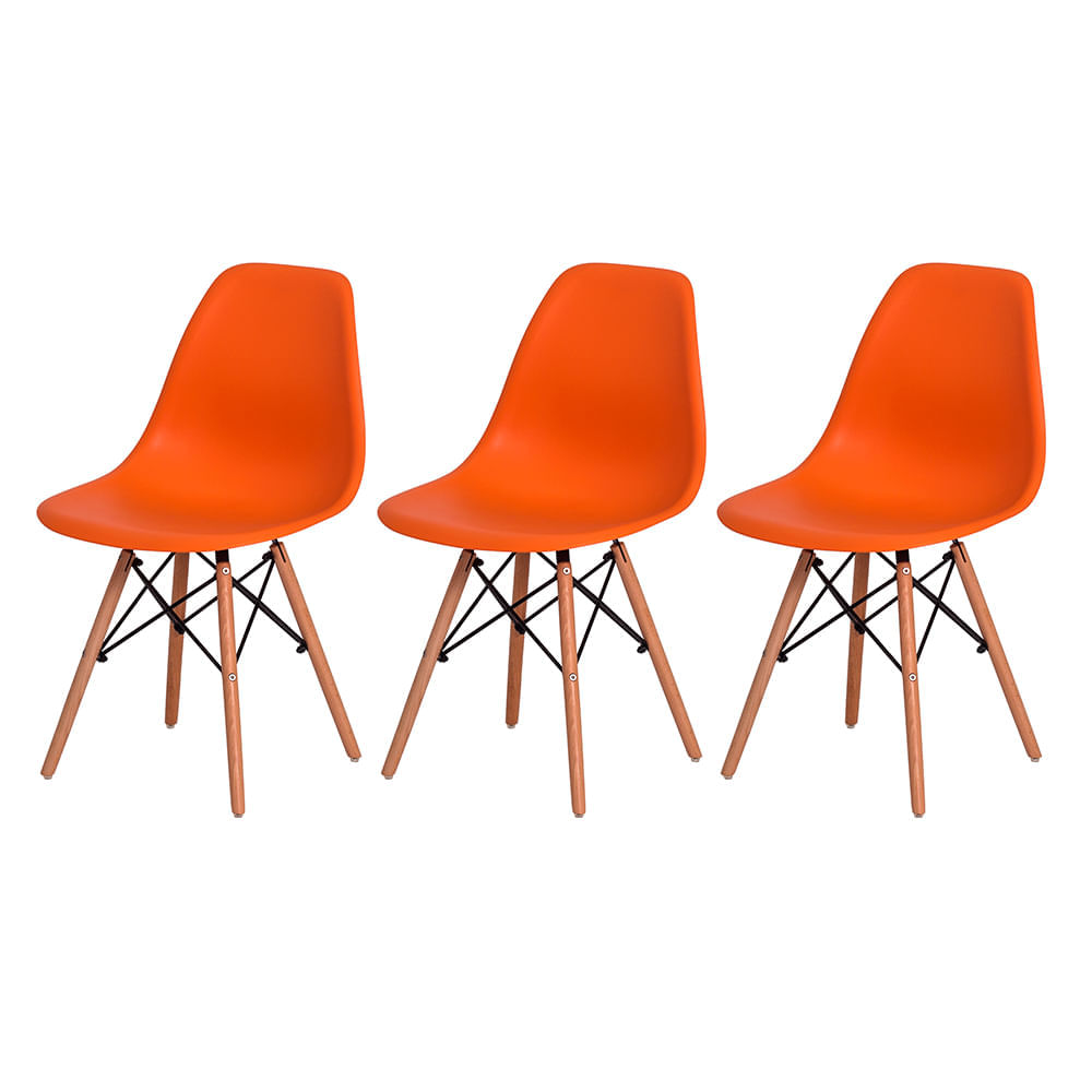 Kit 3 Cadeiras Eiffel Eames Dsw Laranja Base Madeira