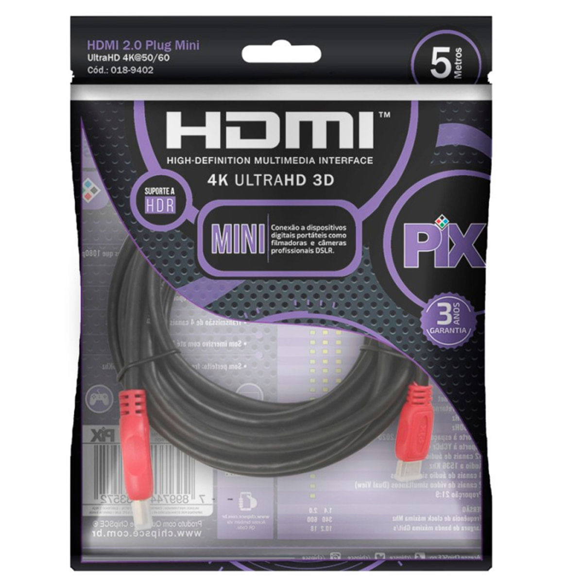 Cabo Hdmi X Mini Hdmi Pix 5 Metros 2.0 Ultrahd 4K 19 Pinos 018-9402