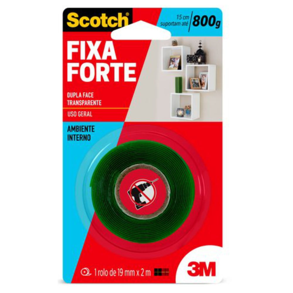 Fita Adesiva Dupla Face Transparente Fixa Forte Scotch Uso Geral Ambiente Interno 19Mm X 2M. 15Cm Suportam Até 800G