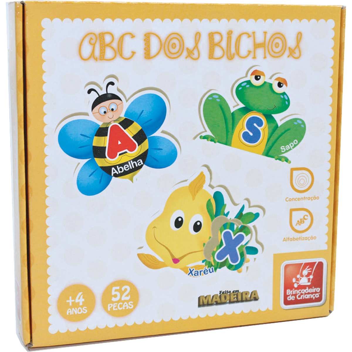 Brinquedo Pedagogico Madeira Abc Dos Bichos 52 Peças
