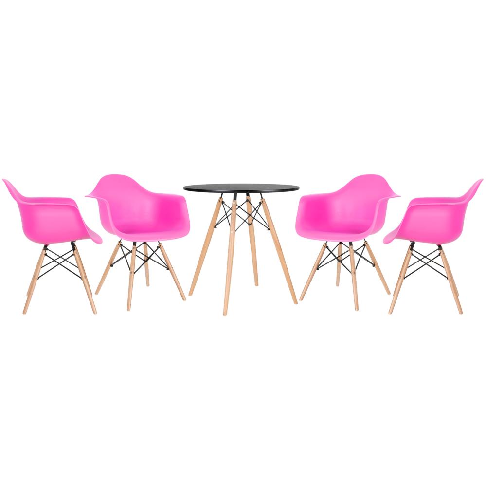 Mesa preto com cadeiras rosa pink