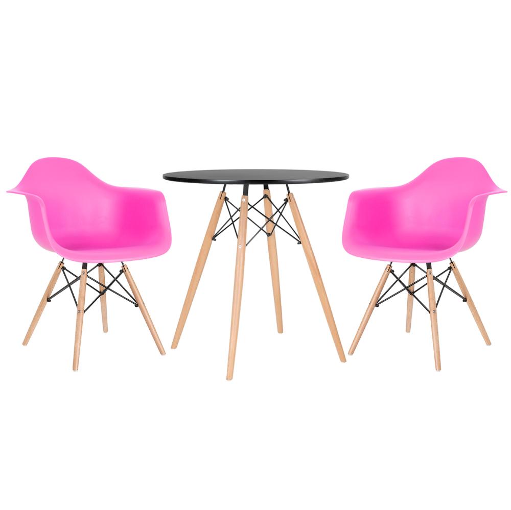 Mesa preto com cadeiras rosa pink