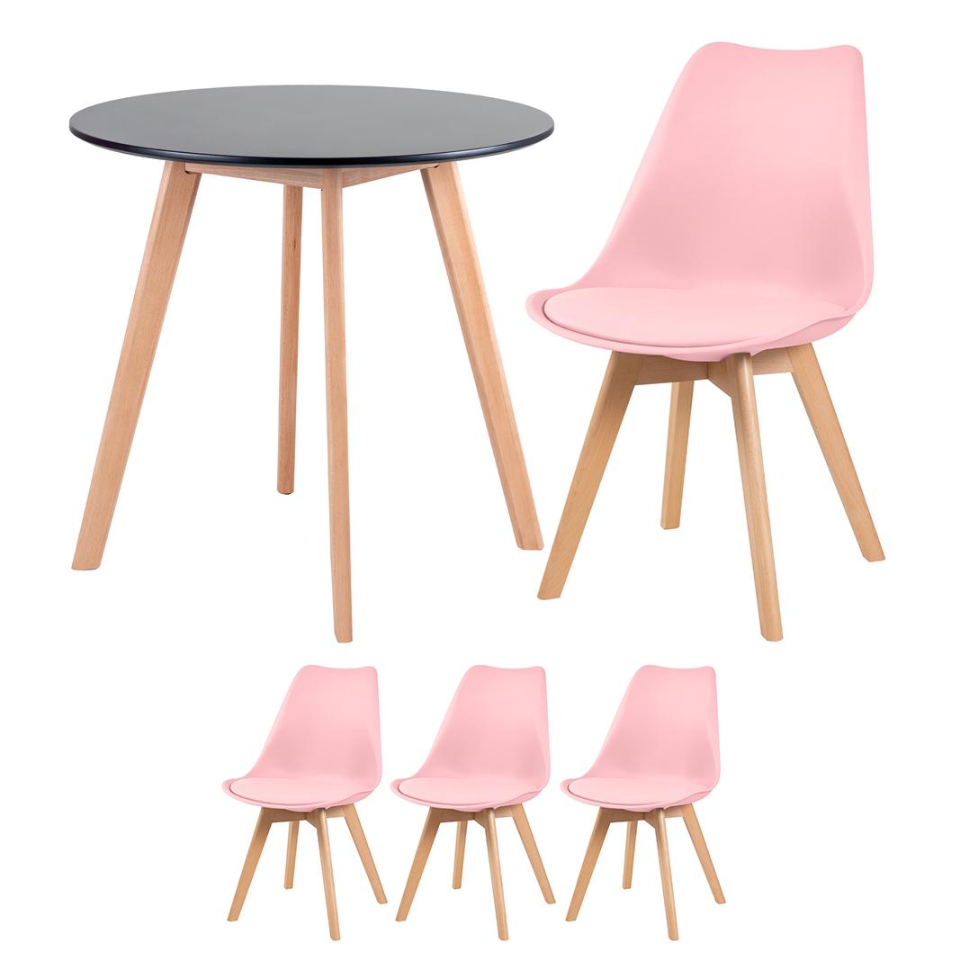 Mesa preto com cadeiras rosa claro