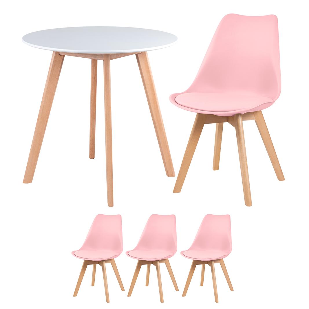 Mesa branco com cadeiras rosa claro