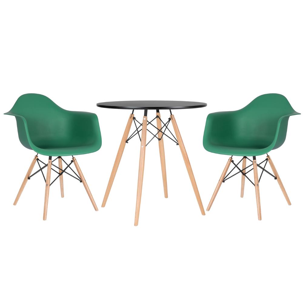 Mesa preto com cadeiras verde escuro