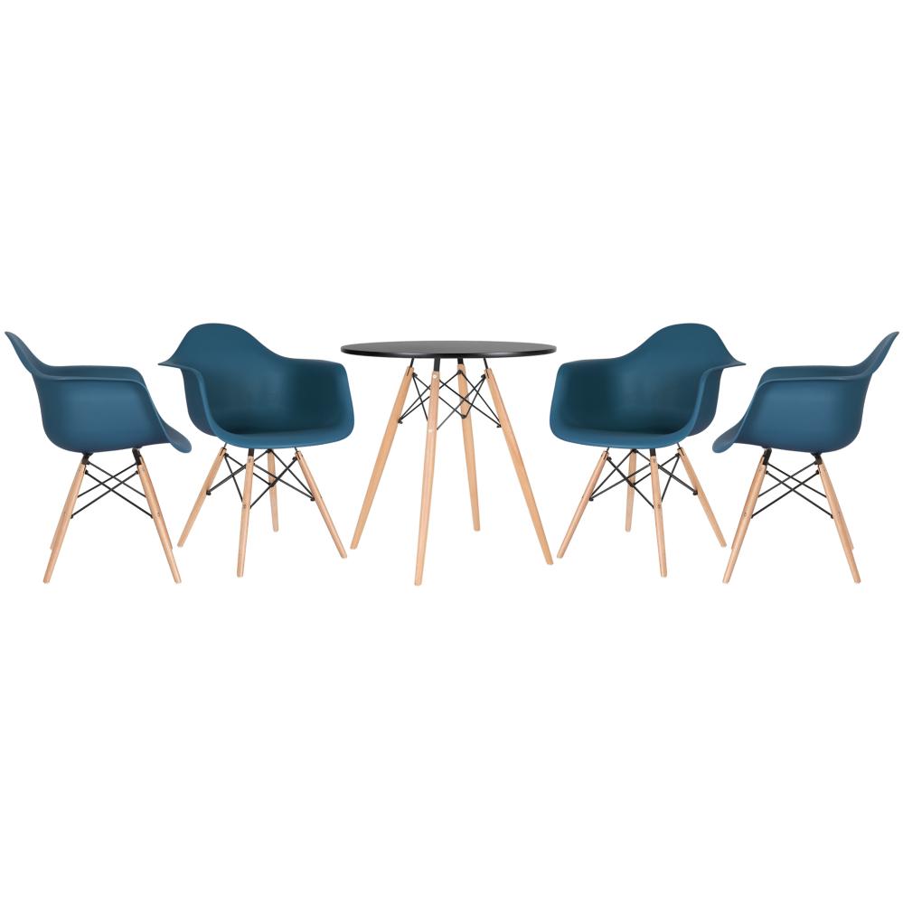 Mesa preto com cadeiras azul petróleo