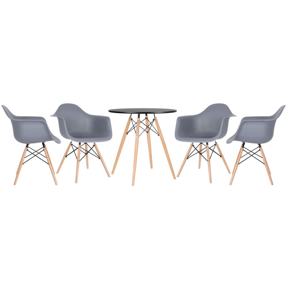 Mesa preto com cadeiras cinza escuro