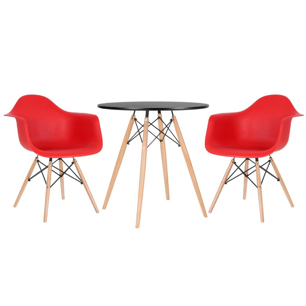 Mesa preto com cadeiras vermelho