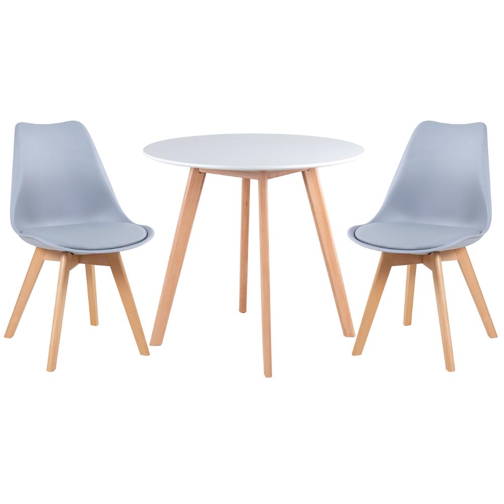 Mesa branco com cadeiras cinza claro
