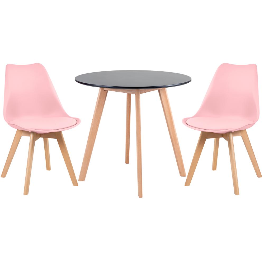 Mesa preto com cadeiras rosa claro