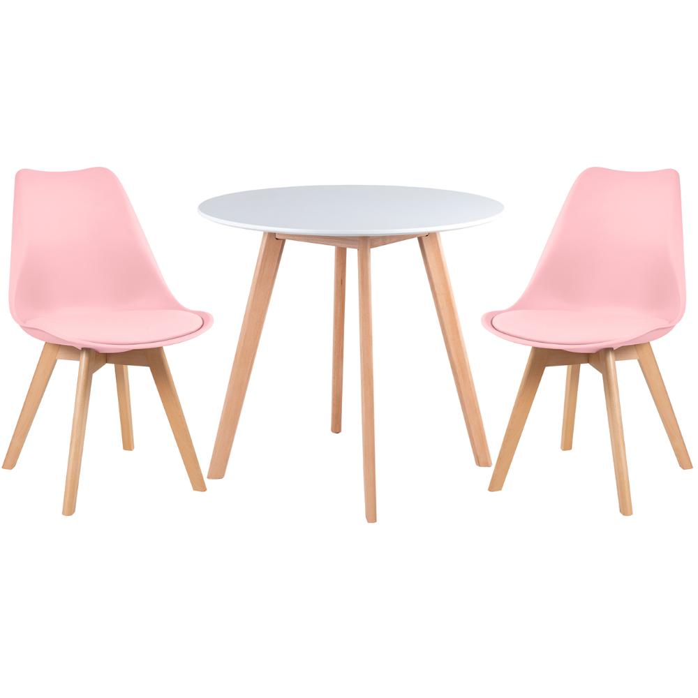 Mesa branco com cadeiras rosa claro